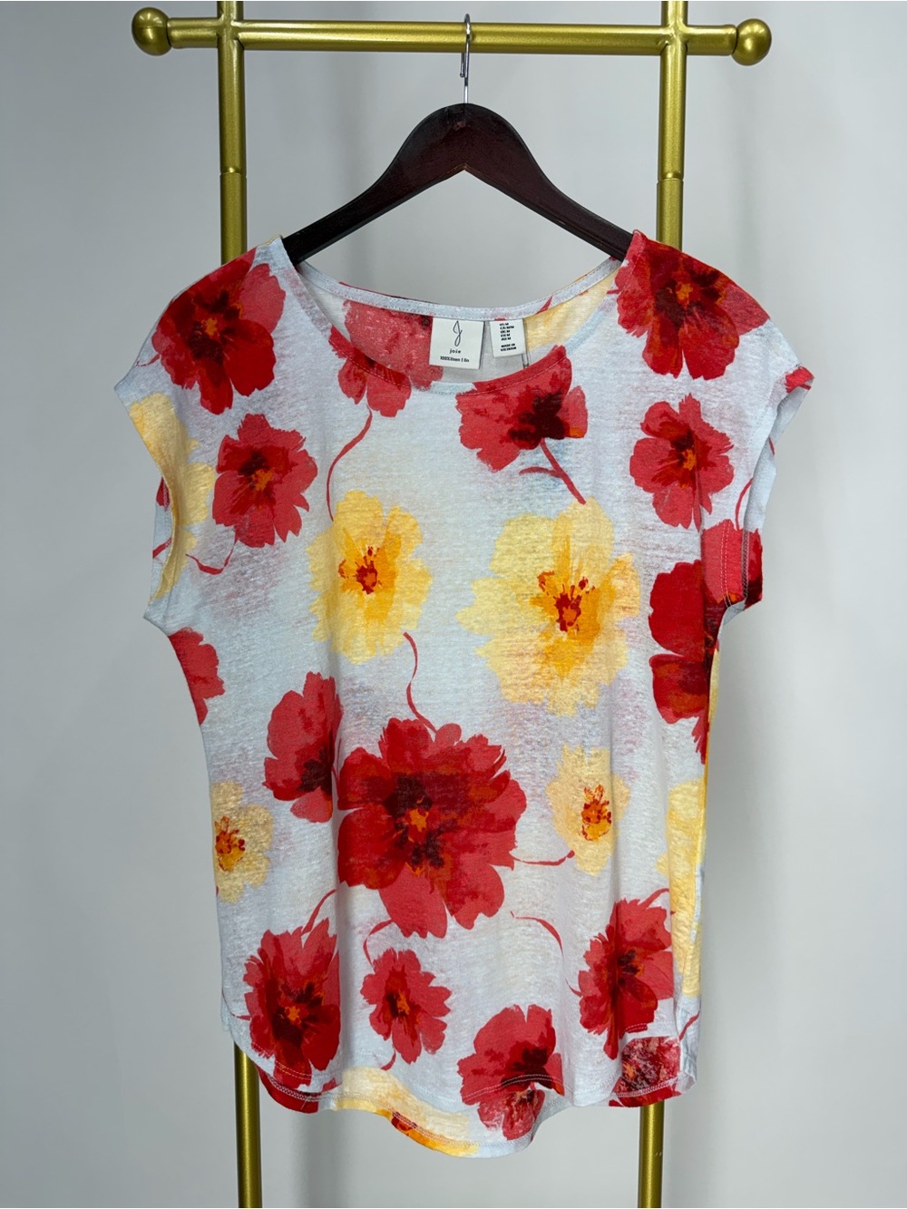 JOIE Linen Floral Top Gray Red Yellow Round Neck Short Sleeve Size L NWT